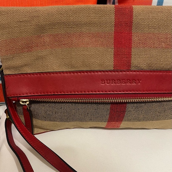Burberry Beige/Red House Check Canvas and Leather Fold Over Crossbody Bag - Picture 2 of 13